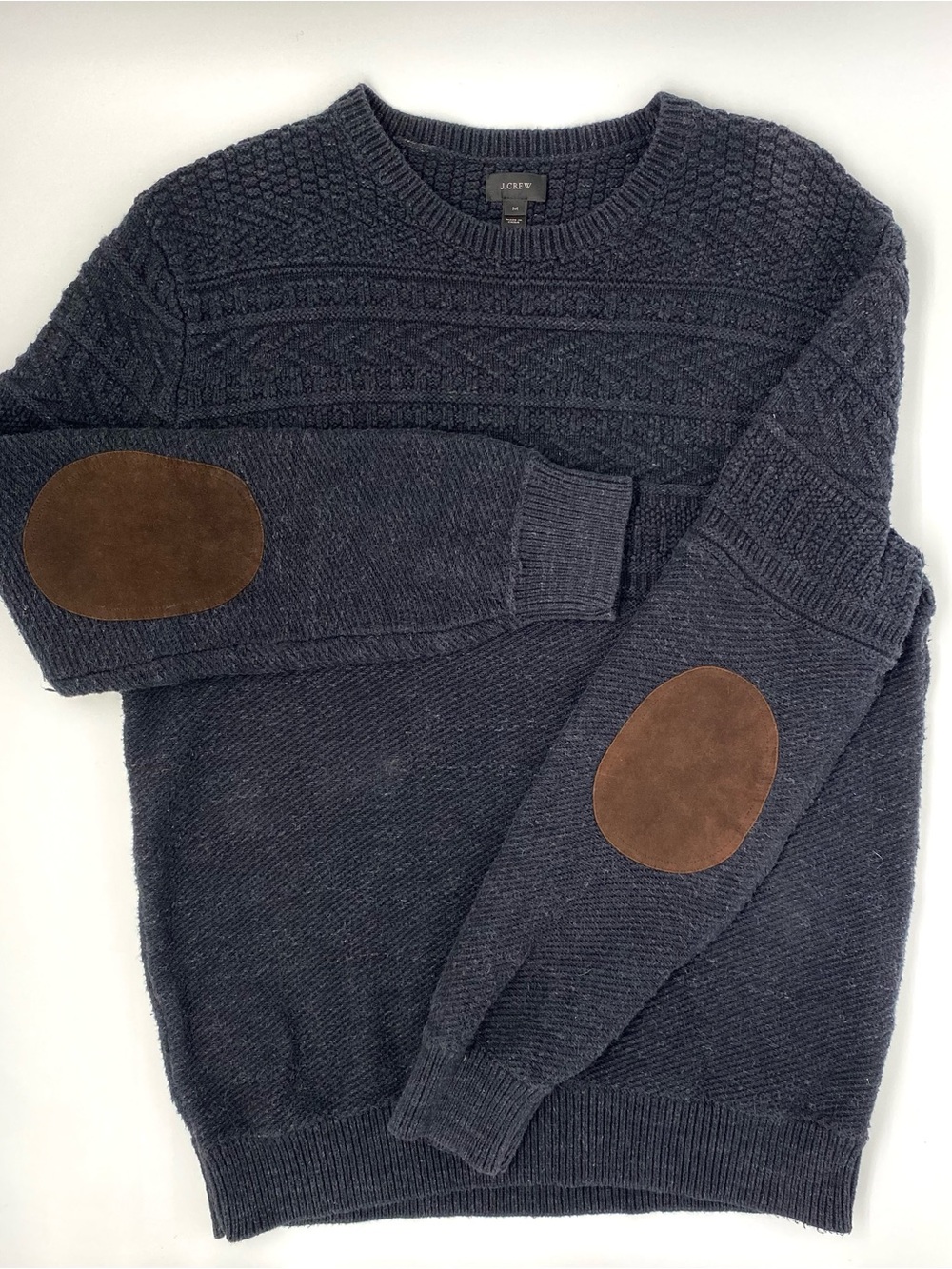 J. Crew Charcoal Gray Cable-Knit Crewneck Sweater w/ Brown Elbow Patches - M